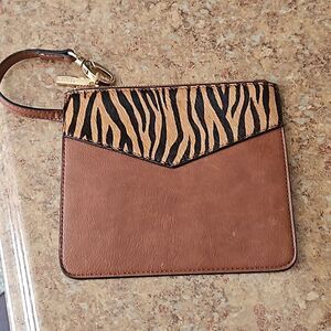 Dune London tan leather zebra calf hair zip wristlet wallet